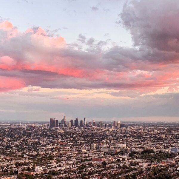 Skyline all'alba di Los Angeles, California, USA