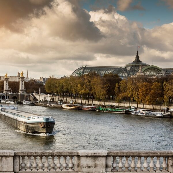 Bateau Mouche sulla Senna con alle spalle il Grand Palace, Parigi, Francia