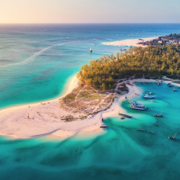 Barche tradizionali in una baia dell'Oceano Indiano a Zanzibar