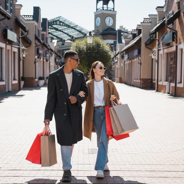 Coppia di ragazzi fa shopping in un outlet, Serravalle Outlet