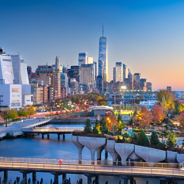 Skyline sul Financial District di New York, USA